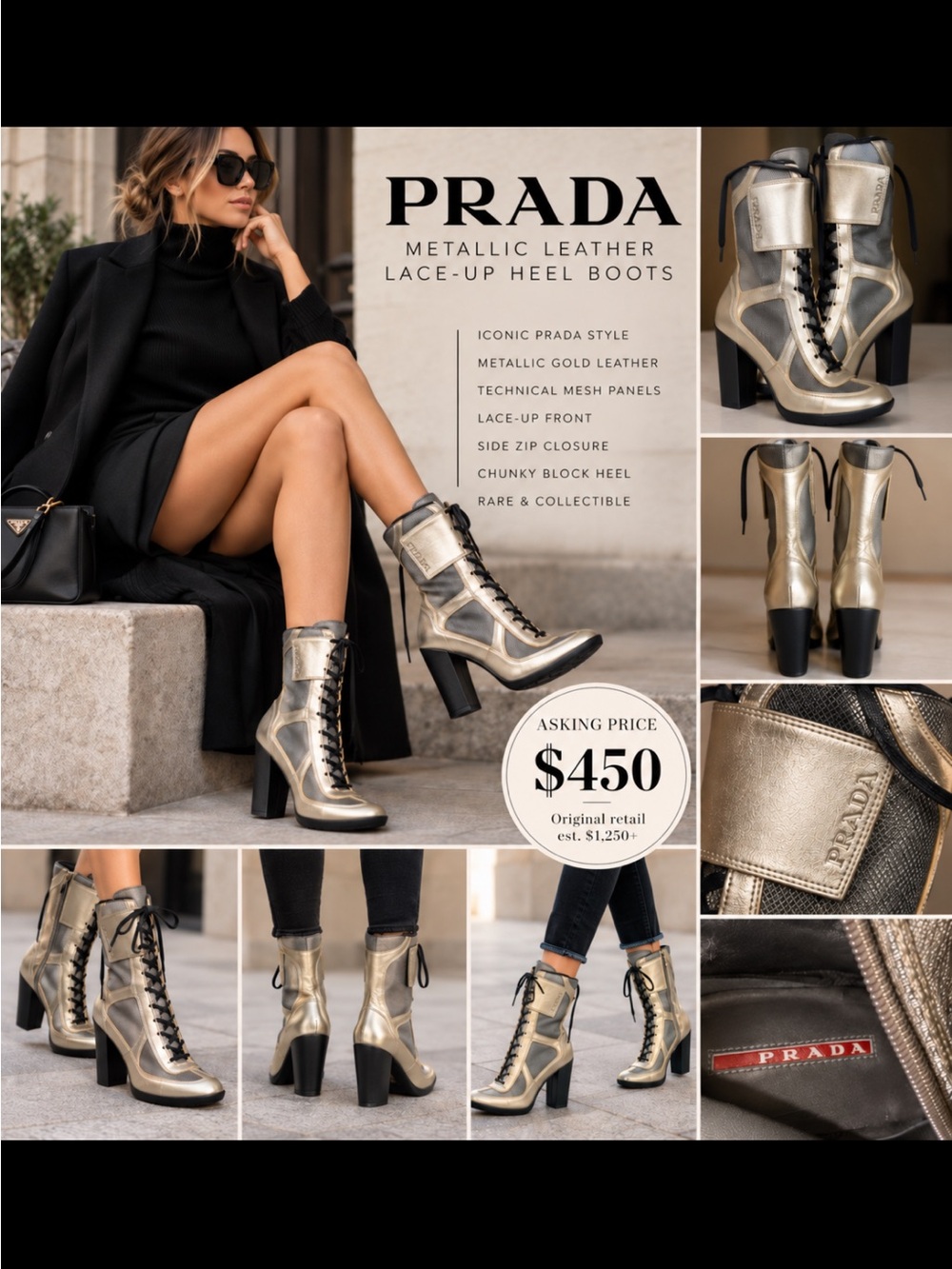Prada Metallic Gold Lace-Up Block Heel Boots with Black Accents